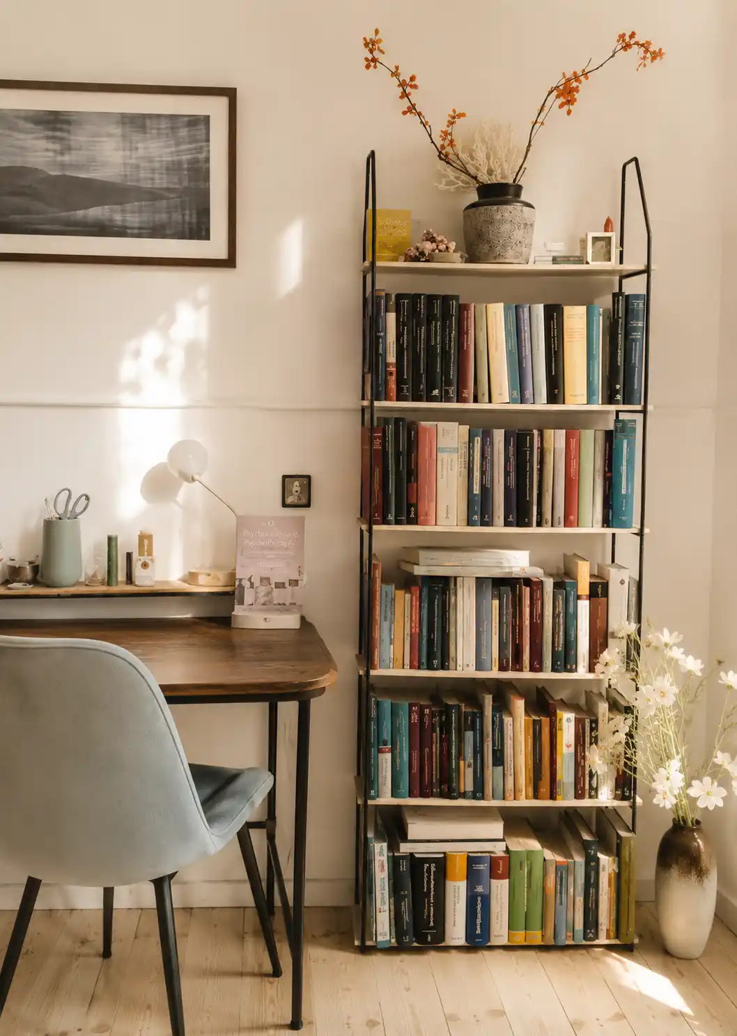 Schreibtisch mit Bücherregal in der Praxis von Rahel Simmenauer