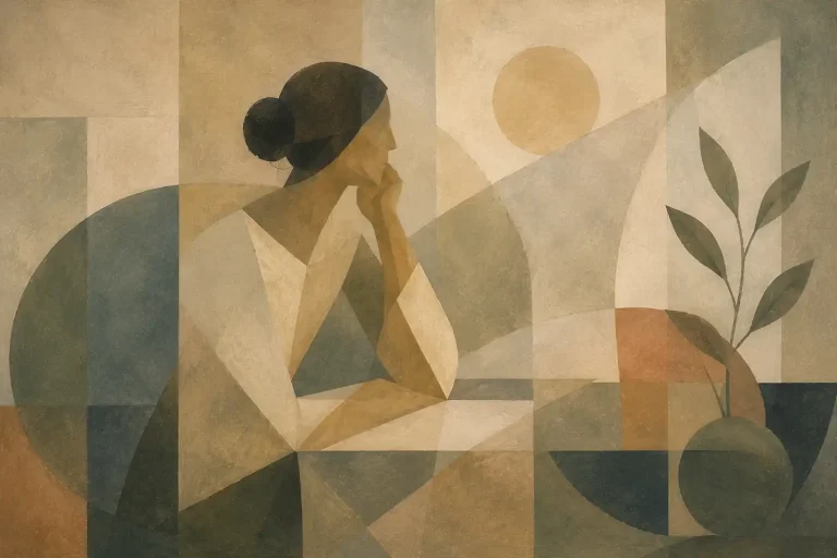 Illustration einer nachdenklichen Frau, die in die Ferne blickt