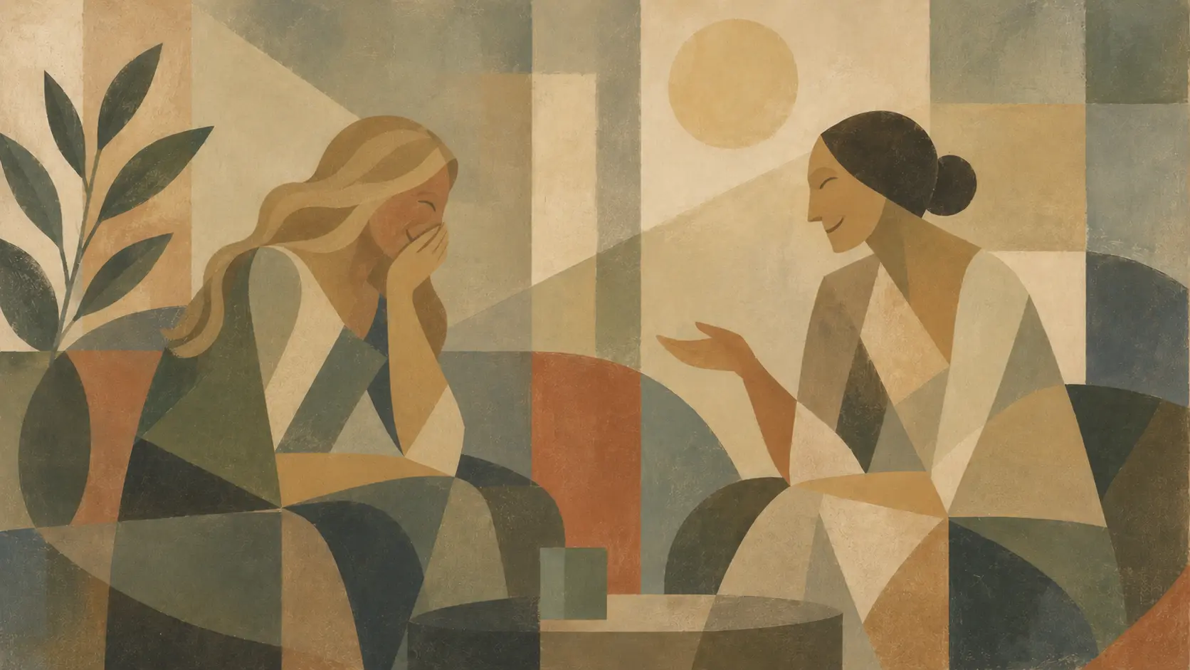 Stilisierte Illustration zweier Frauen in einem warmen Gespräch, eine lacht herzlich, die andere lächelt zugewandt