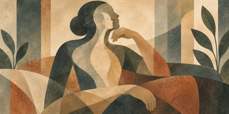 Stilisierte Illustration einer nachdenklich zur Seite blickenden Frau auf einem Sofa, deren Körper aus sich überlagernden, durchscheinenden Formen in Erdtönen besteht