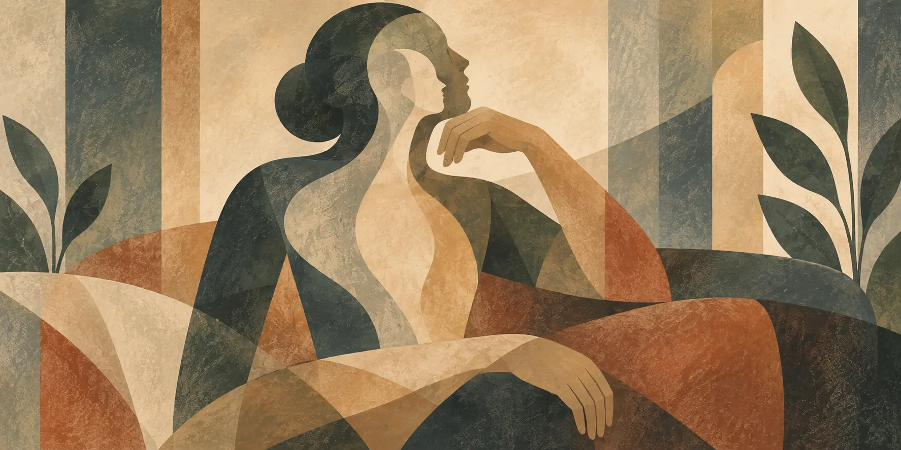 Stilisierte Illustration einer nachdenklich zur Seite blickenden Frau auf einem Sofa, deren Körper aus sich überlagernden, durchscheinenden Formen in Erdtönen besteht