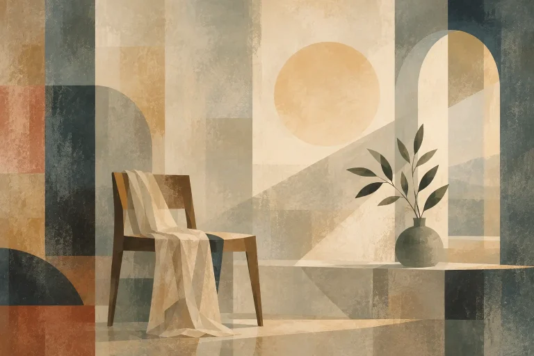 Stilisierte Illustration eines leeren Stuhls mit über die Lehne drapiertem Tuch in einem warmen, geometrisch gestalteten Raum mit Bogenfenster, Sonnenmotiv und einer Vase mit Zweig
