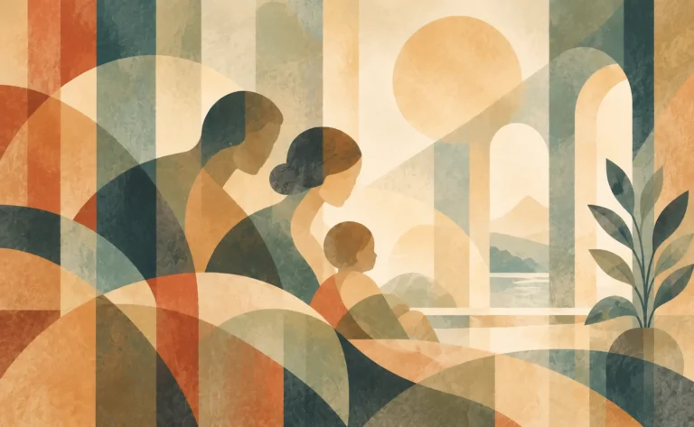 Stilisierte Illustration zweier Erwachsener und eines kleinen Kindes im Profil, die gemeinsam durch hohe Torbögen auf eine sonnige Landschaft mit Wasser blicken, in warmen, geometrisch überlagerten Erdtönen
